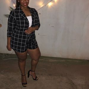 Plaid open front blazer with tie waist shorts!